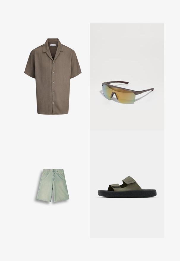 Braunes, kurzärmeliges, geripptes Hemd mit Knopfleiste und Camp-Kragen von Jack & Jones, flach auf weißem Hintergrund präsentiert.; Hellblaue Jeansshorts mit Fronttaschen und Gürtelschlaufen, flach auf weißem Hintergrund dargestellt.; Grüne Gummisandalen mit zwei verstellbaren Riemen und einer strukturierten schwarzen Sohle mit einem Profilmuster. Markenlogo auf dem Riemen sichtbar.; Sportive Sonnenbrille mit einem schlanken, rechteckigen braunen Rahmen und einem Verlauf von gelben zu blauen Gläsern, ausgestattet mit einer ausgeprägten Nasenbrücke und strukturierten Bügelgriffen.
