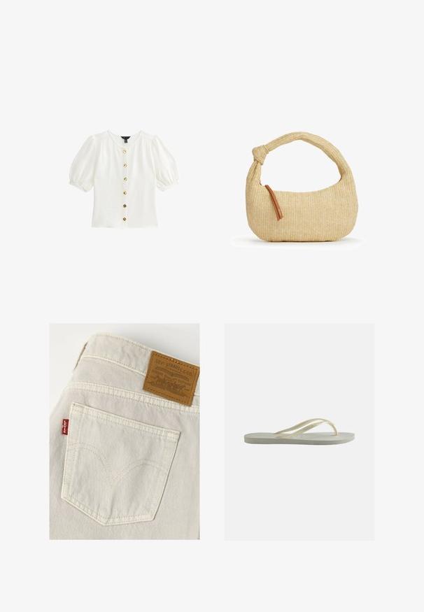 Hvid kortærmet bluse med tekstureret stof, rund halsudskæring og syv knapper i guldtonet ned ad fronten. Lidt puffede ærmer.; Baglomme på lyse Levi's jeans med synlig syning, rød Levi's mærkat og brun læder Levi Strauss & Co. mærke.; Enkelt off-white gummiflipper med tynde remme og tekstureret fodseng set fra siden på ensfarvet baggrund.; Beige vævet hobo-taske med en tyk knyttet hank og en lille brun læder lynlåstræk på siden.