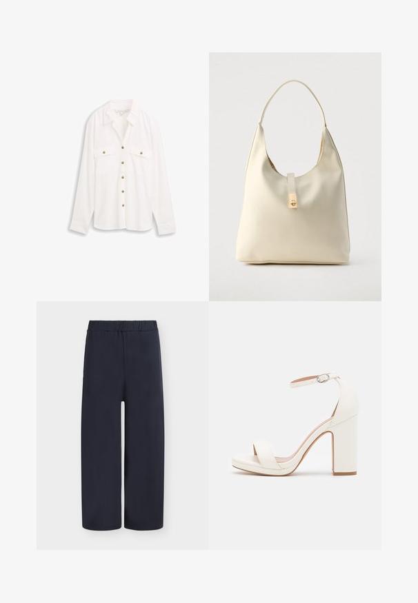 Camisa blanca de manga larga con cuello, que cuenta con dos bolsillos en el pecho, botones en tono dorado y una textura suave.; Pantalones de pierna ancha color azul marino, con una textura suave y cintura elástica. Presentan un corte holgado y un diseño de pierna recta. Sin detalles adicionales.; Sandalias de tacón alto blancas con correa en el tobillo, diseño minimalista, punta abierta, tacón cuadrado y textura de cuero suave.; Bolso hobo de cuero color crema con una sola correa para el hombro, textura suave y detalle de cierre metálico dorado en el frente.