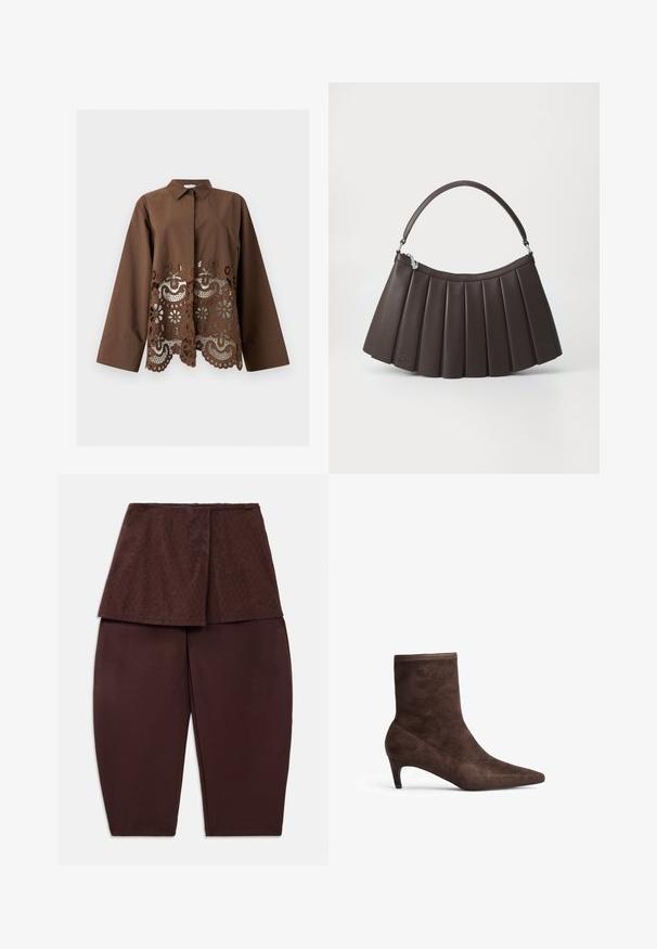 Bruin overhemd met lange mouwen, kraag en knoopsluiting aan de voorkant, met een ingewikkeld bloemenkant-uitgesneden design langs de onderste helft en zoom.; Donkerbruine broek met hoge taille met een aangehechte textuurrijke overslagrok bij de taille, rechte pijpen en een eenvoudige zoom.; Bruine suède enkelboot met een spitse neus en slanke hak. Heeft een zachte textuur en een hoge schachtontwerp.; Bruine, geplooide handtas met een gebogen bovenkant, platte onderkant en een kort handvat. Gemaakt van glad materiaal met subtiele merkdetails.