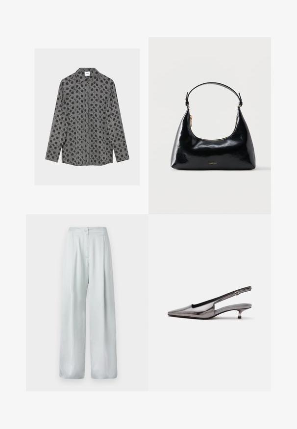 Camisa negra de manga larga con estampado geométrico de cuadrados y semicírculos blancos, cuello y tapeta frontal oculta.; Pantalones de pierna ancha color gris claro con una textura suave, que cuentan con un cierre de botón en la parte frontal y un diseño plisado para mayor detalle.; Zapato slingback gris metálico con punta puntiaguda, tacón bajo tipo kitten y correa ajustable sobre fondo blanco.; Bolso negro brillante de Calvin Klein con cremallera dorada y correa corta sobre un fondo blanco liso.