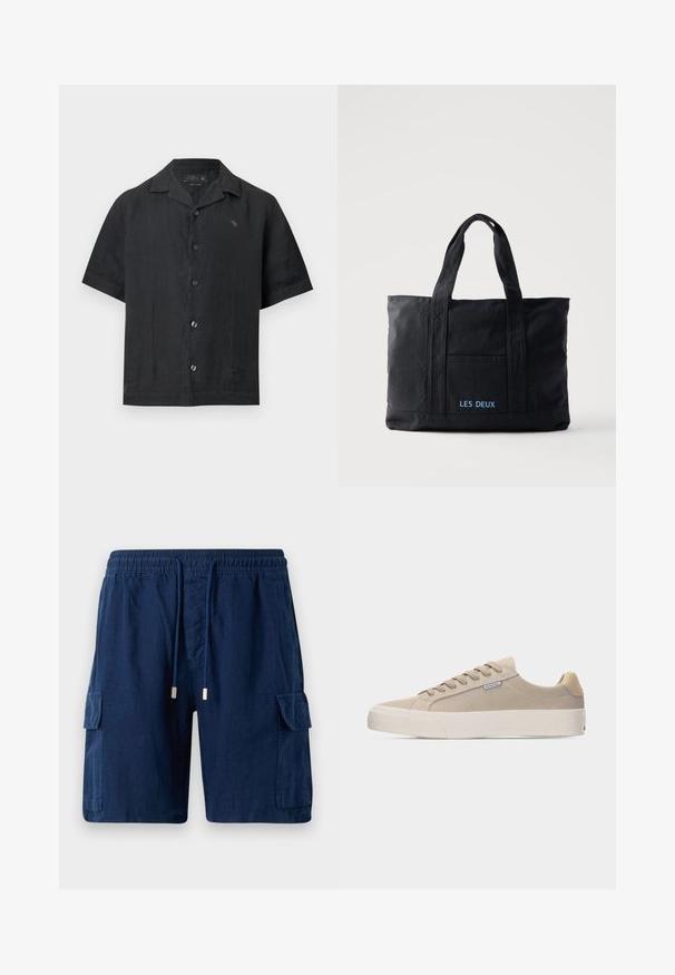 Zwarte korte mouwen blouse met knopen, campkraag en klein geborduurd logo op de linkerborst, afgebeeld op een witte achtergrond.; Marineblauwe cargoshorts van lichtgewicht stof, met een elastische tailleband en trekkoord, twee zijzakken en één beenzak.; Beige lage suède sneaker met tonale veters, dikke witte rubberen zool en een klein merklabel aan de zijkant.; Zwarte canvas tote bag met twee handvatten, een voorvak en "LES DEUX" in blauw geborduurd op het voorvak.