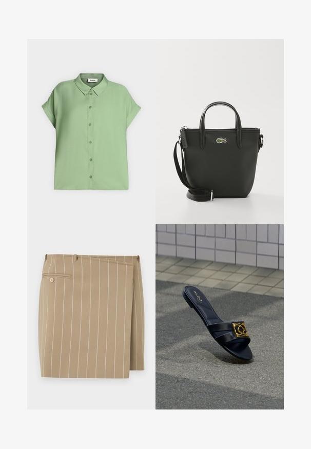 Chemise vert clair à manches courtes, boutonnée, avec col et manches retroussées, présentée à plat sur un fond uni.; Jupe beige avec des rayures blanches verticales, en tissu texturé. Présente un rabat à l'avant et une poche arrière avec un détail de bouton.; Sandale à glissière noire Aldo avec double lanières et une boucle décorative dorée sur une surface en asphalte près d'un pavage carrelé.; Sac fourre-tout synthétique noir avec doubles poignées, bandoulière amovible, fermeture éclair et accent du logo crocodile vert de Lacoste.