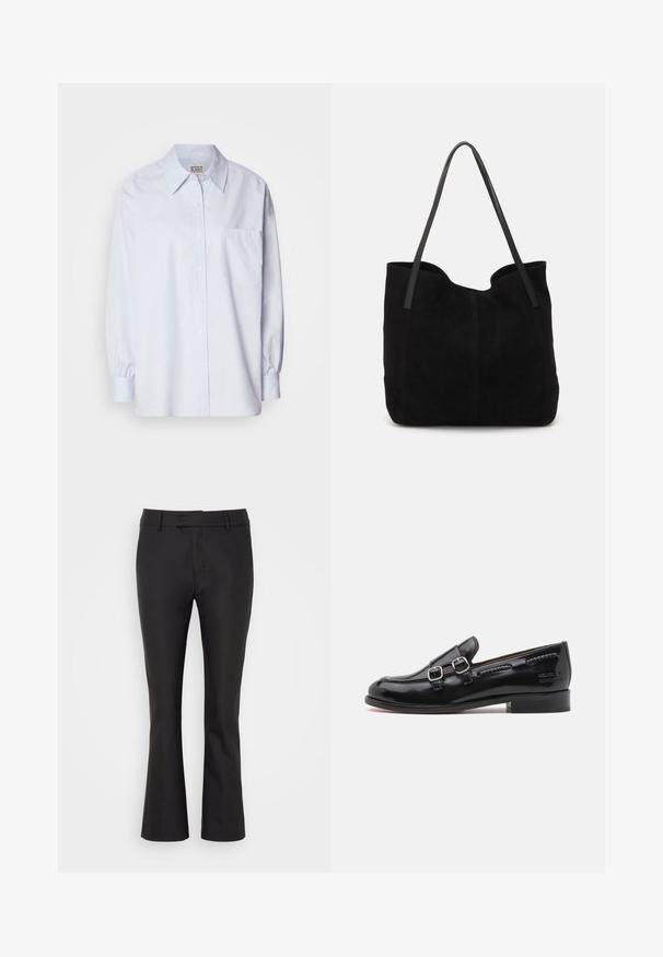 Camisa de botones azul claro hecha de algodón. Presenta un collar en punta, mangas largas y un bolsillo en el pecho. Textura suave.; Pantalones de campana negros hechos de una tela suave, con un frente liso, presillas para cinturón y un dobladillo limpio para un aspecto a medida.; Mocasín de charol negro con acentos de doble hebilla plateada, punta ligeramente redondeada y tacón bajo apilado. Detalle de costura texturizada a lo largo de la parte superior.; Bolso de mano de ante negro con dos correas de cuero largas y planas. Presenta un borde superior curvado y costuras visibles en la parte frontal. Sin acentos de metal.