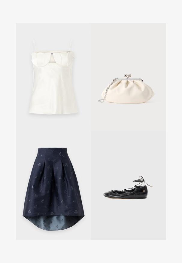 Hvid satin camisole med justerbare stropper, en struktureret, scalloped buste og en lige kant. Glat tekstur og minimalistisk design.; Marineblå høj-lav nederdel med plisseringer og et diskret mønster af kortsymboler i en let skinnende stof.; Sorte patentlæder balletflade med udskæringsdetaljer og snørelukning. Har rund tå og dekorative perforerede accenter.; Cremefarvet stofclutch med et rynket design, sølv metalramme, to dekorative kugler og en sølvkæde som rem.