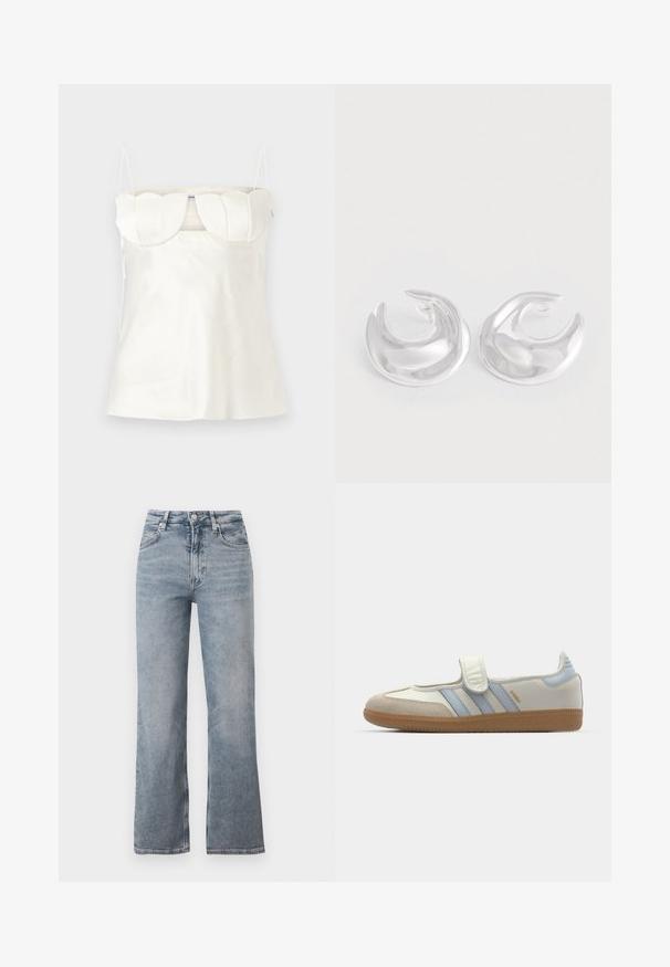 Hvid satin camisole med justerbare stropper, en struktureret, scalloped buste og en lige kant. Glat tekstur og minimalistisk design.; Lyseblå højttaljede jeans med lige ben, forreste knaplukning, lynlås og klassisk femlommedesign.; adidas Originals SAMBA JANE BALLERINA - Ballerinasko m/ rem - cloud white/halo blue; Et par polerede sølv halvmåneformede hoops med en glat, reflekterende overflade på en hvid baggrund.
