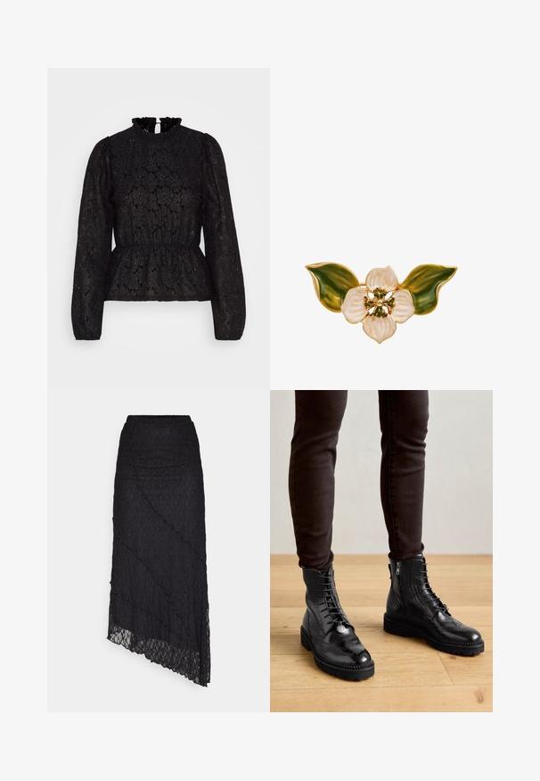 Pieces PCJANESSA - Top s dlhým rukávom - black; ONLY ONLKIM SLIT - Maxisukňa - black; Čierne kožené členkové topánky s brogue detailmi, s viazaním vpredu, bočnými zipsami a štruktúrovanými gumovými podrážkami. Kombinované s tmavými úzkymi nohavicami.; Zlatý kvetinový brošňa s bielym smaltom na okvetných lístkoch, zelenými listami a zelenými perlovými akcentmi v strede, s lesklým povrchom a podrobnou textúrou.