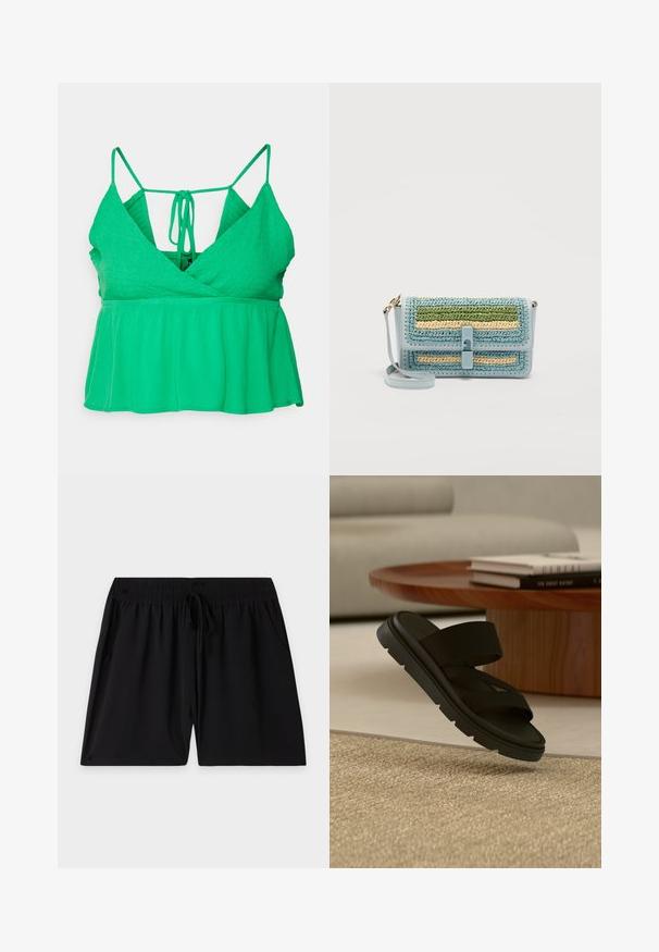 Vero Moda Petite VMMENNY SMOCK SINGLET - Top - bright green; Schwarze Shorts mit elastischem Bund, verstellbarem Kordelzug und Seitentaschen, flach auf einem schlichten, hellen Hintergrund ausgelegt.; Schwarze Slip-On-Sandale mit dicker Sohle, die über einem beigen, strukturierten Teppich schwebt, im Hintergrund ein runder Holztisch und Bücher.; Hellblaues Umhängetäschchen mit gewebten grünen, beigen und blauen Streifen, einem vorderen Verschluss und einer goldfarbenen Metallriemenbefestigung.