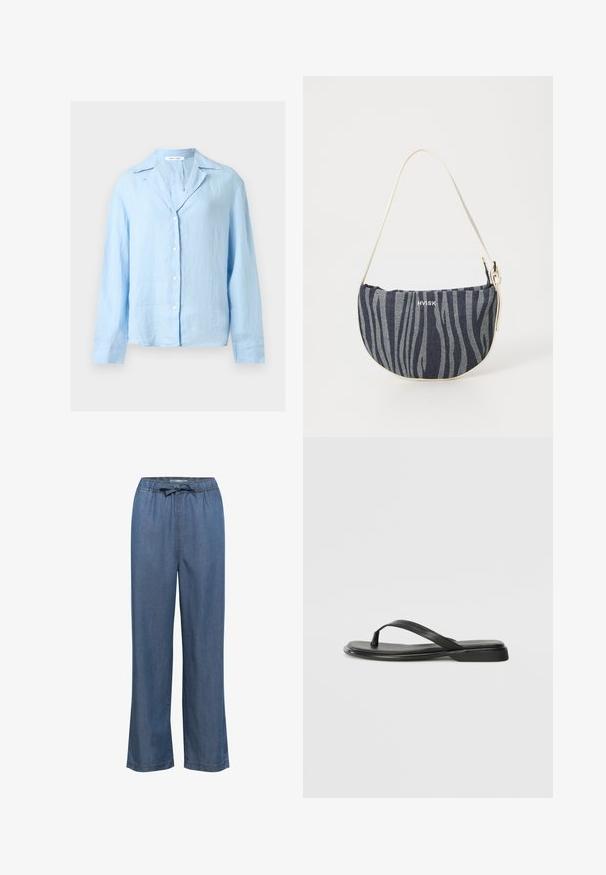 Lyseblå langærmet skjorte med knapper og krave, lavet af let stof, vist mod en almindelig hvid baggrund.; Bredde denim bukser i en mellemblå tone, med en elastisk talje og justerbar snor samt lige ben for en afslappet pasform.; Sorte flip-flops lavet af glat læder, med et tyndt remdesign og en flad sål med et minimalt profil. Ingen bemærkelsesværdige mønstre eller accenter.; Denim taske med en buet form, der har et navy og lyseblåt zebra-stribemønster, hvid strop og brandlogoet tydeligt præsenteret.