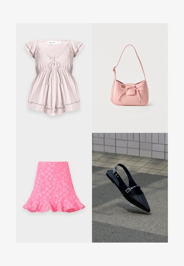 Mono corto de manga corta color rosa claro con cuerpo fruncido, adorno de encaje, lazo delantero y dobladillo con volantes de Hollister en talla pequeña.; Falda rosa de corte acampanado que presenta patrones florales en relieve, un dobladillo con volantes y una textura suave. Longitud por encima de la rodilla con una cinturilla ajustada.; Zapato plano negro de punta puntiaguda con tiras de doble hebilla y talón descubierto, descansando sobre asfalto gris cerca de una pared con azulejos.; Bolso pequeño de hombro color rosa pastel con correa ajustable y detalle de lazo en el frente con extremos dorados sobre un fondo liso.