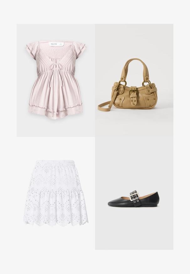 Combi-short rose clair à manches courtes avec corsage froncé, bordure en dentelle, lien à nouer devant, et ourlet à volants de Hollister en taille small.; Jupe courte blanche à volants avec taille élastique, broderie anglaise et ourlet festonné décoré de motifs floraux.; Chaussure plate en cuir noir avec un bout pointu et une bride décorative à boucle équipée de ferrures argentées et de petites découpes.; Sac à main en cuir beige avec double poignées, boucle en laiton et détails rivetés, ainsi qu'une bandoulière réglable sur fond blanc.