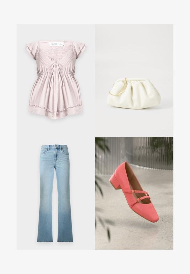 Lichtroze romper met korte mouwen, geplooide taille, kanten afwerking, strik aan de voorkant en gerimpelde zoom van Hollister, maat small.; Lichtblauwe denim jeans met hoge taille en rechte pijpen, voor- en achterzakken, knoopsluiting en riemlussen.; Koraalroze leren schoen met lage hak en een spitse neus, met dubbele banden en gouden gespen. Soepele textuur, minimalistisch ontwerp.; Witte leren handtas met een geassembleerd ontwerp, voorzien van een gouden kettingband en een ronde vorm. Gladde textuur met zachte plooien en geen patronen.