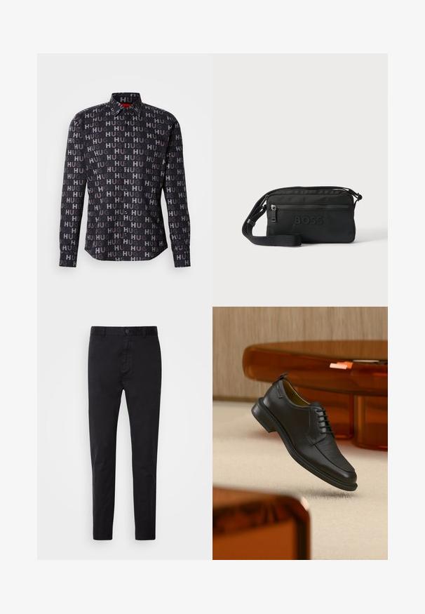 Sort skjorte med knapper og gentaget "HUG" tekst i forskellige nuancer. Har krave, lange ærmer og sorte knapper. Glat tekstur.; Sort chinos med en glat overflade, knaplukning og tætsiddende design. Ideel til afslappet eller semi-formelt tøj.; Sort lædersko med snørebånd og tekstureret front, svævende over beige tæppe i et moderne rum med møbler i ravfarvet toning.; Sort crossbody taske med justerbar rem, forlynlås lomme og præget BOSS-logo på frontpanelet.