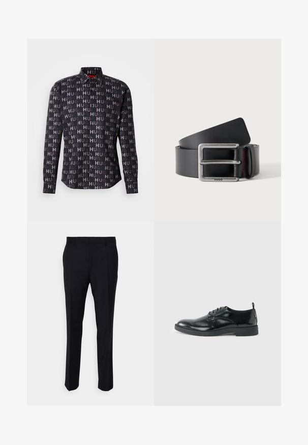 Chemise à boutons noire avec le texte "HUG" répété en différentes nuances. Elle dispose d'un col, de manches longues et de boutons noirs. Texture lisse.; Pantalon noir en tissu tissé, à coupe ajustée, avec un devant plat, des poches latérales et une coupe droite.; Chaussure habillée en cuir noir brillant avec un petit talon, fermeture à lacets et bout rond, vue de côté sur un fond uni et clair.; Ceinture en cuir noire roulée avec une boucle rectangulaire en argent gravée "HUGO" et une boucle en cuir avec une couture rouge.