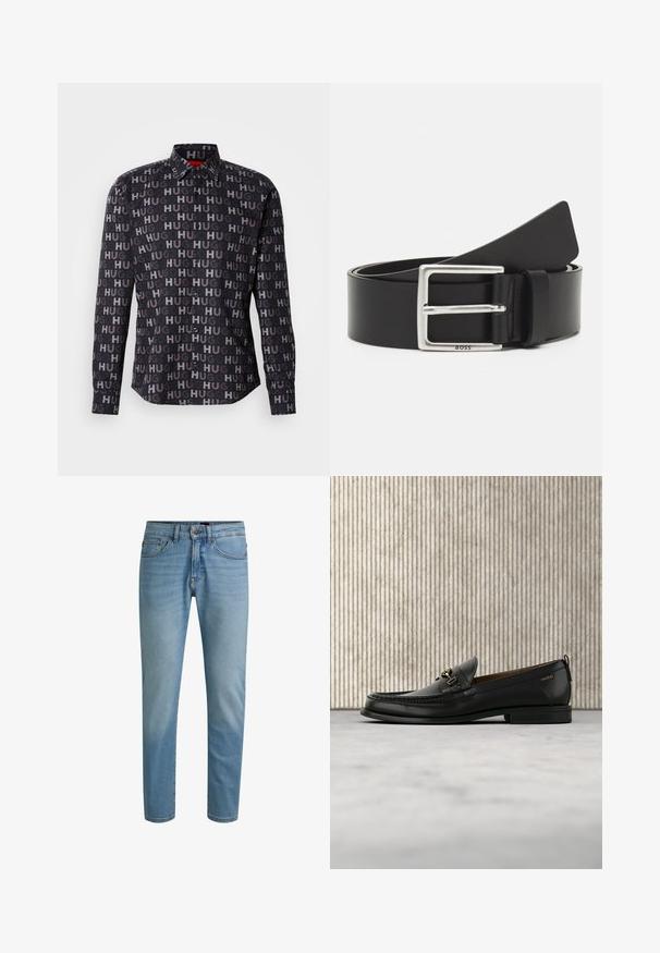 Sort skjorte med knapper og gentaget "HUG" tekst i forskellige nuancer. Har krave, lange ærmer og sorte knapper. Glat tekstur.; Lyseblå denimjeans med lige ben, design med fem lommer og let falmning. Har knaplukning og bæltestropper.; Sort læderloafers med guldfarvet metaldekoration og "HUGO" branding, vist mod en beige tæppe og brunt gennemsigtigt møbel.; Sort læderbælte med en rektangulær sølvspænde, har diskret branding og en glat tekstur. Enderne taper af til en rundet finish.