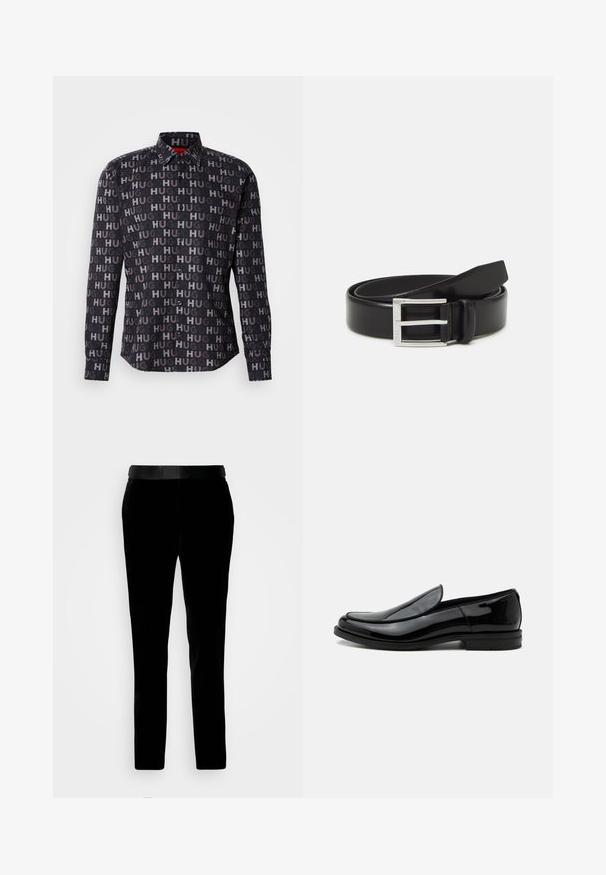Chemise à boutons noire avec le texte "HUG" répété en différentes nuances. Elle dispose d'un col, de manches longues et de boutons noirs. Texture lisse.; Pantalon en velours noir à coupe ajustée, texture lisse et ceinture assortie. Il présente des jambes droites et des poches latérales.; Chaussure de ville noire en cuir brillant à enfiler, avec talon bas et bout arrondi, vue de côté sur fond blanc uni.; Ceinture en cuir noir avec une finition brillante ; elle présente une boucle en métal argenté avec un design à cadre rectangulaire et des bords lisses.