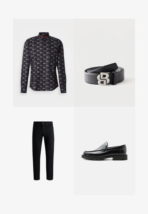 Sort skjorte med knapper og gentaget "HUG" tekst i forskellige nuancer. Har krave, lange ærmer og sorte knapper. Glat tekstur.; Sorte slim-fit jeans med fem lommer, knaplukning og bæltestropper, præsenteret mod en hvid baggrund.; Sort læderloafer med chunky gummisål, syet overdel og præget mærkenavn på hælen, vist i sideprofil på hvid baggrund.; Sort læderbælte snoet med en sølvfarvet metal spænde med et stiliseret dobbelt "B" design på en hvid baggrund.