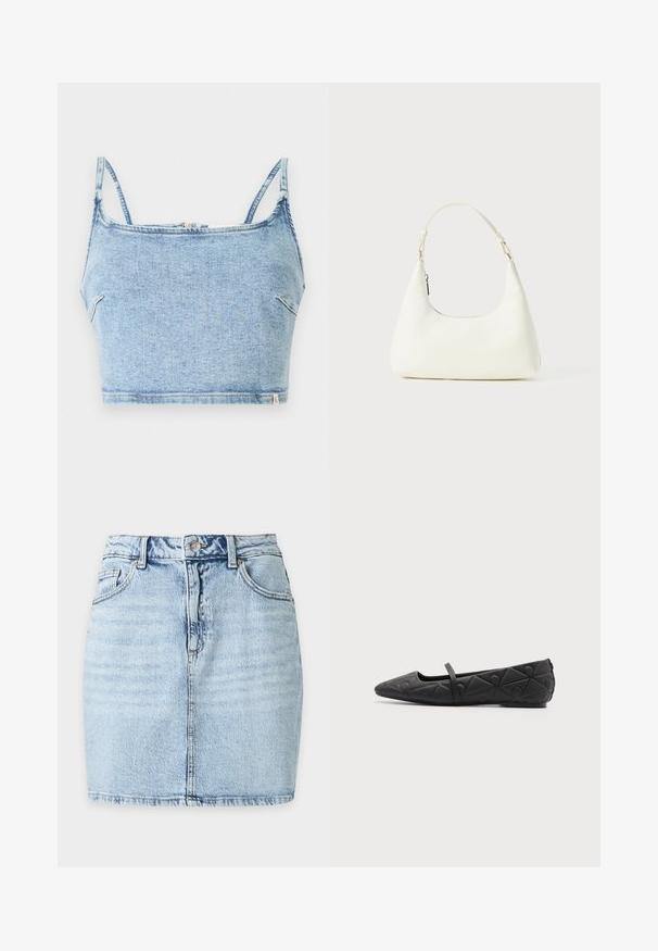 Lysblå denim crop top med tynde justerbare stropper, der har en frontlynlås og en glat tekstur, designet til en tætsiddende pasform.; Lyseblå denim mininederdel med frontknap, bæltestropper, to forlommer og synlig lodret søm ned langs midten.; Sort flad sko med spids tå, quiltede geometriske mønstre og en tynd rem over vristen på en ensfarvet baggrund.; Lille hvid skuldertaske med en enkelt justerbar rem og en lynlåslukning, sat mod en ensfarvet hvid baggrund.