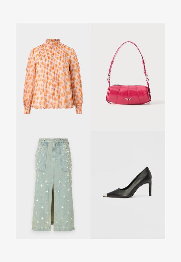 Blouse met lange mouwen en knopen, met een gerimpelde kraag, gemaakt van doorschijnende roze stof met een patroon van oranje bloemenprints.; Lichte blauwe denimrok met parelversieringen. Voorzien van een split aan de voorkant en twee grote voorzakken. Middellange stijl met een klassieke snit.; Zwarte leren hoge hak met een spits toelopende neus en een metalen zilverkleurige kap. Heeft een gladde afwerking en een slanke hak van 10 cm.; Kleine glanzende roze leren schoudertas met zilveren vleugelembleem en verstelbare schouderriem, bovenkant met ritssluiting, afgebeeld op witte achtergrond.