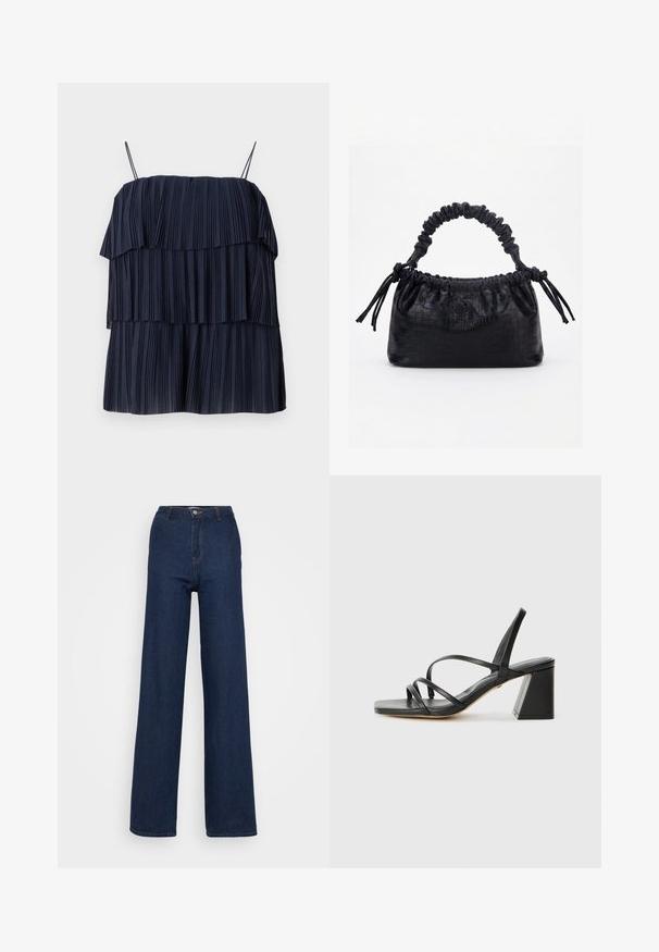 Haut plissé bleu marine avec un design en couches, des bretelles fines et une texture douce. Chaque couche présente des plis verticaux, créant de la profondeur et du mouvement.; Jean en denim bleu foncé à jambe large et taille haute, avec une fermeture à bouton sur le devant, des coutures discrètes et une texture lisse et robuste.; Sandales noires à talons avec un bout carré, présentant plusieurs fines bretelles et un talon bloc géométrique. Texture en cuir lisse et design minimaliste.; Sac à main noir avec texture crocodile, bord supérieur froncé, poignée plissée et pompons à cordon de chaque côté sur fond blanc.