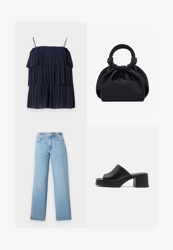 Marineblaues, plissiertes Oberteil mit geschichteter Gestaltung, dünnen Trägern und weicher Textur. Jede Schicht weist vertikale Falten auf, die Tiefe und Bewegung erzeugen.; Helle blaue weit geschnittene Jeans aus Denim, mit hoher Taille, fünf Taschen und einem Knopfverschluss mit Reißverschluss.; Schwarze Leder Plattform-Mules mit abgerundeter offener Zehe, niedrigem Blockabsatz und glatter Textur. Minimalistisches Design mit eleganten Linien.; Schwarze weiche Stoffhandtasche mit gerafftem oberen Teil und abgerundeten, am Ansatz verknoteten Griffen, vor einem schlichten hellen Hintergrund.