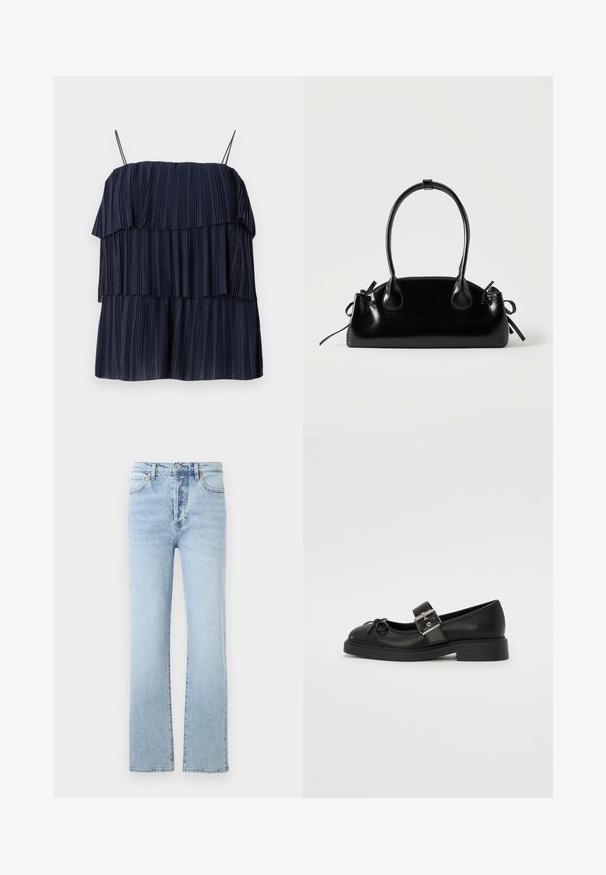 Haut plissé bleu marine avec un design en couches, des bretelles fines et une texture douce. Chaque couche présente des plis verticaux, créant de la profondeur et du mouvement.; Jean en denim bleu clair avec une coupe droite, dotés d'une taille haute, d'un style classique à cinq poches et d'un léger effet délavé.; Chaussure Mary Jane en cuir noir avec un bout arrondi, une sangle à la cheville et des détails en boucle argentée. Présente une semelle plate et épaisse ainsi qu'un accent en nœud.; Petit sac à main noir brillant avec deux longues anses et des détails à cordon sur les côtés sur un fond clair uni.