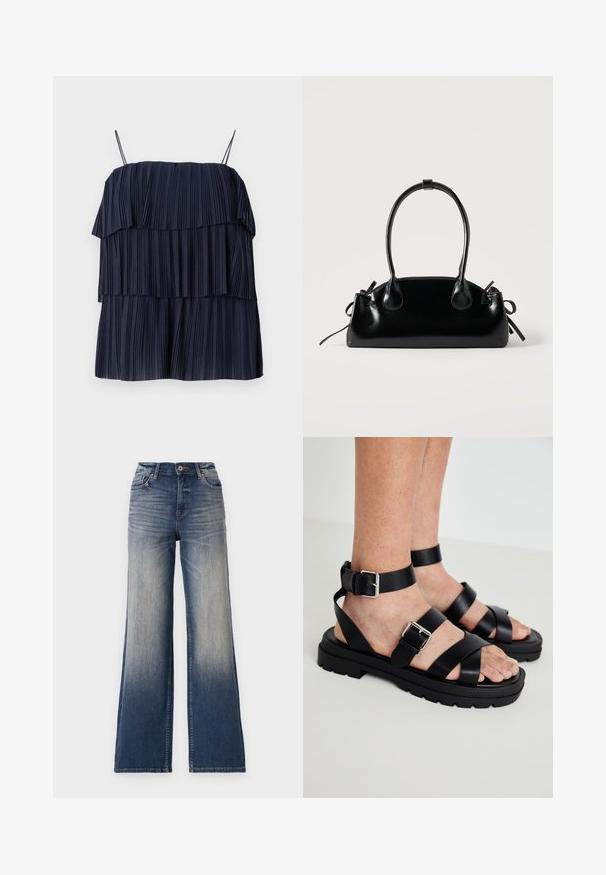 Top plisado de color azul marino con diseño en capas, tirantes finos y textura suave. Cada capa presenta pliegues verticales, creando profundidad y movimiento.; Jeans de pierna ancha de talle alto en denim azul claro a oscuro con desgastes, que presentan un cierre de botón y lazos para cinturón. Bajo limpio y sin adornos visibles.; Sandalias de cuero negro con correas anchas y hebilla en el tobillo. Suela gruesa con un acabado texturizado. Diseño de punta abierta para mayor transpirabilidad.; Pequeño bolso negro brillante con dos asas largas y detalles de cordón lateral sobre un fondo claro liso.