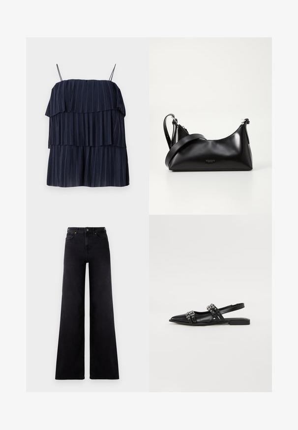 Marineblaues, plissiertes Oberteil mit geschichteter Gestaltung, dünnen Trägern und weicher Textur. Jede Schicht weist vertikale Falten auf, die Tiefe und Bewegung erzeugen.; Hoch geschnittene schwarze weite Jeans mit vorderen Taschen, Gürtelschlaufen und einer Knopfleiste.; Even&Odd by Zalando Sling-Ballerina - black; Schwarze lederne Handtasche mit glatter Textur. Verfügt über einen verstellbaren Riemen und ein elegantes, minimalistisches Design mit einem Reißverschluss.