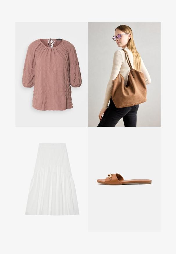 Blouse rose texturée avec un col froncé, des manches longues bouffantes et un détail noué dans le dos. Présente un motif froissé et une coupe ample.; Jupe blanche, arrivant au genou, en coton. Présente des détails froncés à la taille, une texture lisse et une silhouette A-line simple et classique.; Sandale plate marron avec une large bride, ornée d'un accent décoratif de couleur dorée. Texture lisse, design minimaliste et profil bas.; Sac fourre-tout en daim marron avec une texture douce, grande ouverture et longues sangles. Présente un design simple avec des coutures visibles et sans matériel.