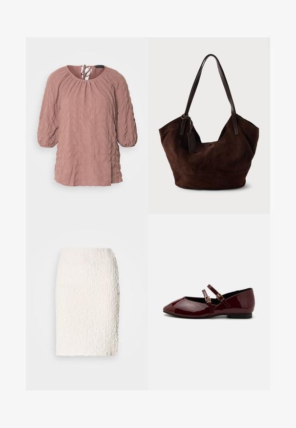 Blouse rose texturée avec un col froncé, des manches longues bouffantes et un détail noué dans le dos. Présente un motif froissé et une coupe ample.; Jupe crayon blanche texturée avec une surface légèrement duveteuse, longueur genoux, présentant un design ajusté et sans fermetures ni embellissements visibles.; Anna Field by Zalando Babies - dark red; Handbag en cuir suédé marron avec une forme douce et souple. Doté de poignées en cuir et d'une étiquette décorative. Texture plain avec des coutures courbes.