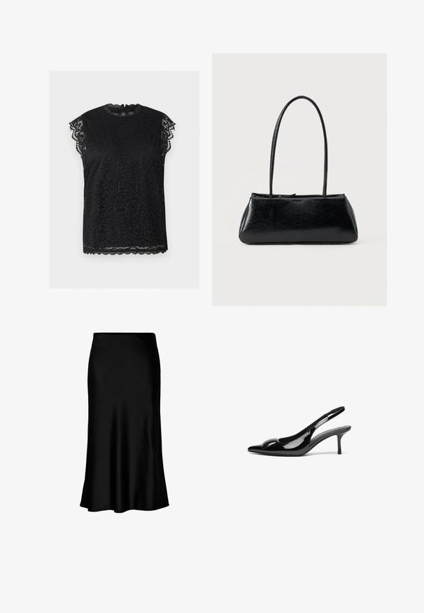 Blusa negra de encaje con mangas cortas, bordes en forma de ondas, cuello alto y patrones florales intrincados, mostrada sobre un fondo neutro.; Falda midi de satén negro con una textura suave, dobladillo acampanado y una cinturilla ajustada, que presenta un diseño simple y clásico.; Tacones slingback de charol negro con punta afilada y acabado brillante. Presentan un tacón delgado y un acento redondeado en el empeine.; Bolso de hombro rectangular negro con correas largas y delgadas y una textura lisa y brillante sobre un fondo liso.