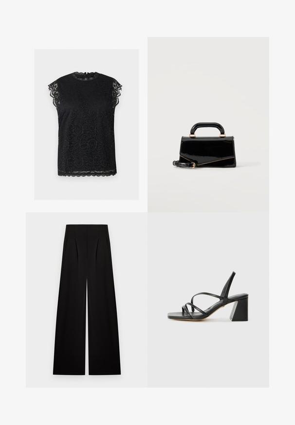 Blouse noire en dentelle à manches courtes avec bords festonnés, col montant et motifs floraux élaborés, présentée sur un fond neutre.; Pantalon noir à taille haute et jambes larges avec plis sur le devant, posé à plat sur un fond clair.; Sandales noires à talons avec un bout carré, présentant plusieurs fines bretelles et un talon bloc géométrique. Texture en cuir lisse et design minimaliste.; Sac à main rectangulaire noir brillant avec poignée supérieure, ferrures dorées et bandoulière amovible, posé sur un fond clair uni.