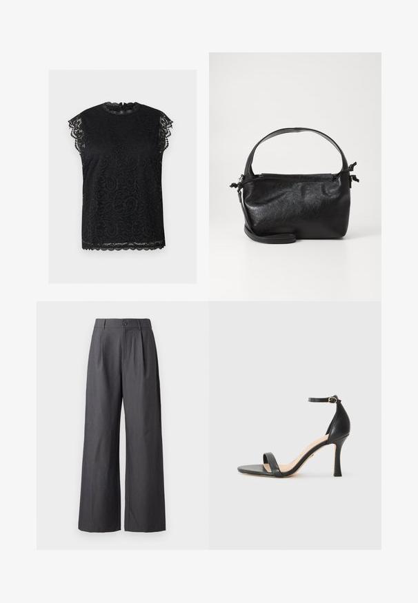 Blouse noire en dentelle à manches courtes avec bords festonnés, col montant et motifs floraux élaborés, présentée sur un fond neutre.; Pantalon gris foncé à jambes larges avec plis, passants de ceinture et fermeture par bouton à la taille, présenté sur un fond uni.; Sandale à talons hauts en cuir noir avec une fine bride de cheville, bout ouvert et un talon élégant et courbé. Semelle texturée et design minimaliste.; Sac à main en cuir noir au design structuré, avec une poignée arrondie et une bandoulière amovible. Présente une texture lisse et un éclat subtil.