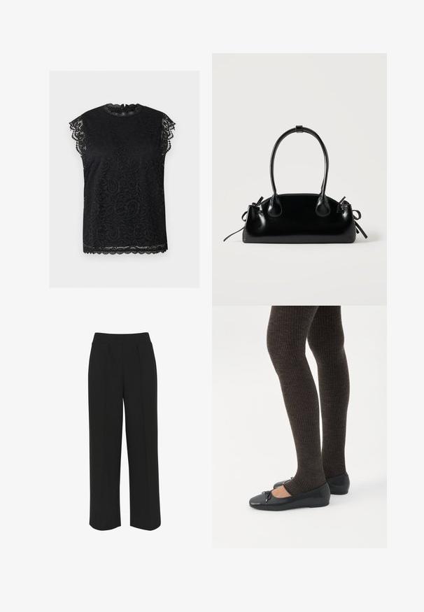 Sort kortærmet bluse i blonder med bølgede kanter, høj halsudskæring og indviklede blomster mønstre, vist på en neutral baggrund.; Sorte bukser med bredde ben og flad talje, med forreste folder og en glat tekstur. Ingen synlige lommer eller metaldele.; Ben iført mørke ribbede leggings kombineret med sorte balletsko med små sløjfedetaljer på hvid baggrund.; Lille sort blank håndtaske med to lange håndtag og snøre-detaljer i siden på en ensfarvet lys baggrund.