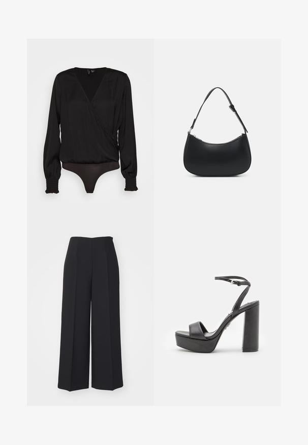 Vero Moda VMELLIE WRAP BODY - Pluus - black; Laia musta värvi lõdvad püksid on valmistatud siledast kangast, neil on kõrge vöökoht, teravad eesriided ja puuduvad nähtavad detailid või mustrid.; Mustad platvormiga kõrge kontsaga sandaalid, avatud varbaga, laia esiosa rihmaga ja reguleeritava pahkluu rihmaga. Sile nahkviimistlus ja jäme plokk-konts.; Pieces PCALUANA SHOULDER BAG - Käekott - black