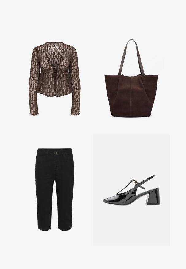 Cardigan en dentelle marron à manches longues, décolleté en V profond et fermeture à nouer à l’avant, en tissu semi-transparent à motif et ourlet légèrement évasé.; Shorts en denim noirs jusqu'aux genoux avec bouton frontal, fermeture éclair et style à cinq poches.; Chaussure slingback en cuir verni noir à petit talon, bout pointu et bride en T avec une petite boucle dorée.; Sac fourre-tout en suédine marron avec deux poignées en cuir texturé. Présente un design simple à ouverture supérieure et des coutures discrètes le long de la couture avant.