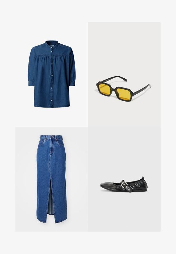 Dunkelblaue Jeansbluse mit langen Ärmeln, gerafftem Einsatz, Mandarinkragen und vorderer Knopfleiste.; Denim-Maxi-Rock in Mittelblau mit Schlitz vorne, hoher Taille und klassischem Fünf-Taschen-Design. Mit kontrastierenden Nähten und einem Reißverschluss.; Schwarze Leder-Ballerinas mit spitzem Zehenbereich, gerafften Details am Schaft und einem silbernen Schnallenakzent am verstellbaren Riemen.; Schwarze rechteckige Sonnenbrillen mit gelben Gläsern. Merkmale sind dicke Rahmen und ein kantiges Design mit einer glatten, glänzenden Oberfläche.
