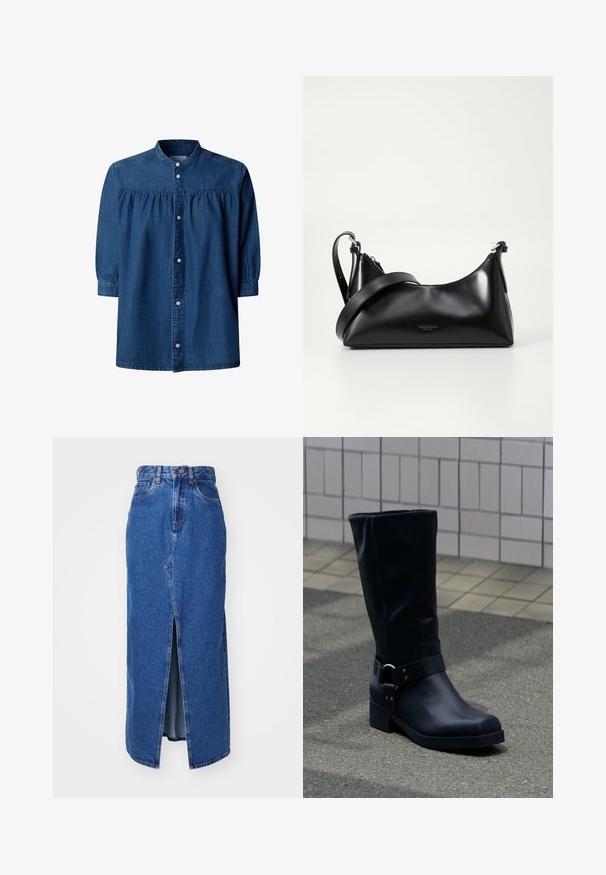 Dunkelblaue Jeansbluse mit langen Ärmeln, gerafftem Einsatz, Mandarinkragen und vorderer Knopfleiste.; Denim-Maxi-Rock in Mittelblau mit Schlitz vorne, hoher Taille und klassischem Fünf-Taschen-Design. Mit kontrastierenden Nähten und einem Reißverschluss.; Schwarzer Lederstiefel bis zur Mitte der Wade mit niedrigem Blockabsatz und dekorativem Riemen mit Metallschnalle um den Knöchel, auf einem gefliesten Gehweg.; Schwarze lederne Handtasche mit glatter Textur. Verfügt über einen verstellbaren Riemen und ein elegantes, minimalistisches Design mit einem Reißverschluss.