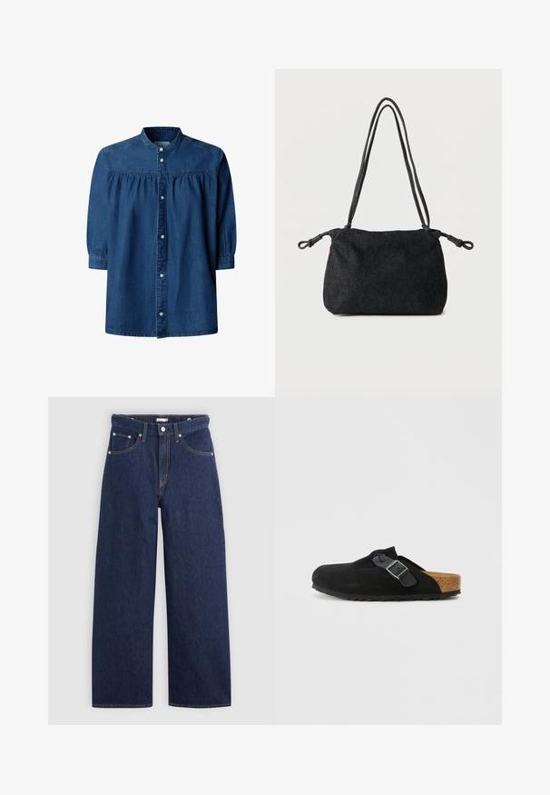 Blusa de denim azul oscuro con mangas largas, canesú fruncido, cuello mandarín y cierre delantero de botones.; Jeans de mezclilla de tiro alto en azul oscuro con perneras anchas, que cuentan con cinco bolsillos, lazos para cinturón y detalles de costura en color cobre. Textura suave.; Zuecos de ante negro sin cordones con correa ajustable de hebilla negra y plantilla de corcho contorneada sobre un fondo blanco liso.; Bolso de hombro de mezclilla negra con correas dobles de cuerda y extremos anudados a cada lado, sobre un fondo blanco liso.