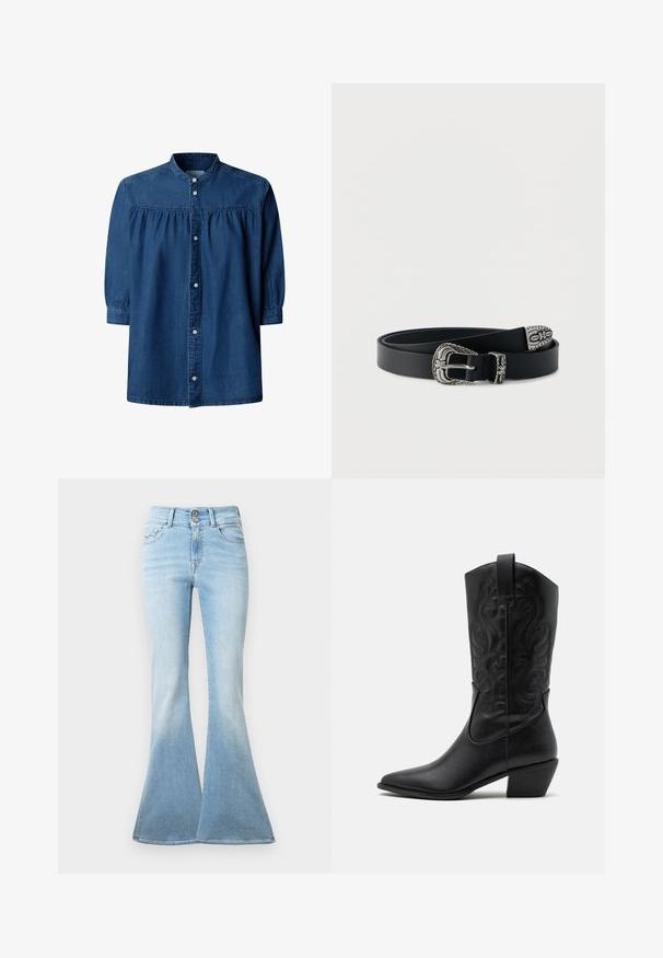 Σκούρο μπλε denim μπλούζα με μακριά μανίκια, σούρες στον ώμο, γιακά μανταρίνι και κλείσιμο με κουμπιά στο μπροστινό μέρος.; Ανοικτό μπλε τζιν παντελόνι σε κοπή καμπάνα. Διαθέτει ψηλή μέση με δύο κουμπιά και ελαφριά φθορά προς το στρίφωμα. Κλασικός σχεδιασμός πέντε τσεπών.; Μαύρο δερμάτινο καουμπόικο μποτάκι με μυτερή μύτη, ανάγλυφα σπειροειδή σχέδια και μεσαίου ύψους τακούνι. Έχει χερούλι για εύκολη φόρμα.; Μαύρη δερμάτινη ζώνη με περίτεχνη ασημένια αγκράφα, θηλιά και άκρο που διαθέτουν λουλουδένιες και διακοσμητικές εγχάρακτες λεπτομέρειες, τυλιγμένη πάνω σε λευκό φόντο.
