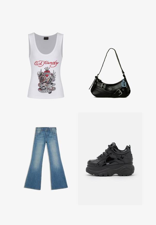 Valkoinen tanktoppi, jossa on huomattava värikäs rhinestone-kuvio, jossa on punaisella teksti "Ed Hardy" tatuointi-tyylisen käärmeen ja pääkallon grafiikan yläpuolella.; Siniset denim-farkut levenevillä lahkeilla, etutaskuilla ja napin suljettavilla, valkoista taustaa vasten esitettynä.; Musta alustakengät kiiltävällä patenttiviimeistelyllä, joissa on paksut kumiset pohjat, nauhakiinnitys ja logokuviointi sivulla.; Musta synteettinen käsilaukku, jossa on kaareva muoto, säädettävä hihna ja koristeelliset metallisoljet. Huokuu tasaista kiiltävää tekstuuria.