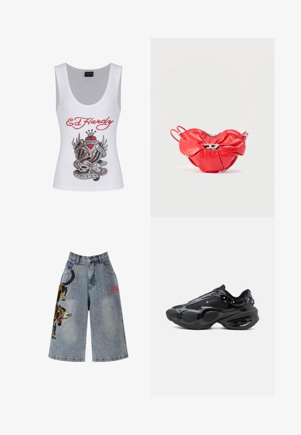 Witte tanktop met een opvallend kleurrijk strassteenontwerp met de tekst "Ed Hardy" in het rood boven een tatoeage-achtige afbeelding van een slang en een doodskop.; Ed Hardy PANTHER CRAWL - Jeansshort - bleach; Zwarte sneaker met glanzende en mesh panelen, afgeronde zoolsegmenten en kleine bloemversieringen nabij de hiel en veters.; Rode leren handtas in hartvorm, met plooien, een zilveren rits en een opvallend metalen logo aan de voorkant.