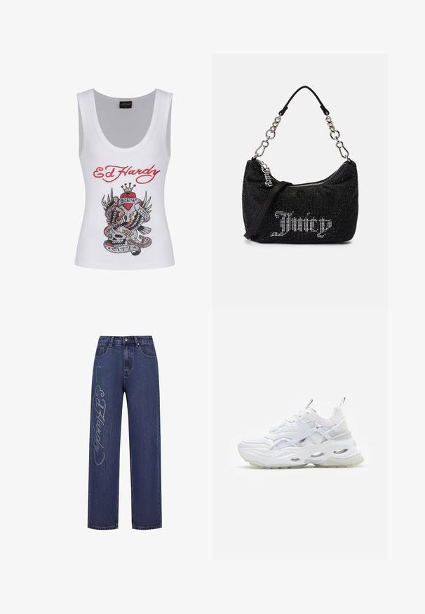 Weißes Tanktop mit einem auffälligen, bunten Strassdesign und dem Text "Ed Hardy" in Rot über einem Tattoo-Stil Grafik von einer Schlange und einem Totenschädel.; Dunkelblaue Denim-Jeans mit lockerem Schnitt, verziert mit silbernen Strasssteinen, die den Text "Ed Hardy" entlang des linken Beins bilden.; Weißer Sneaker mit dickem Profil, geschichtetem Mesh- und Synthetik-Obermaterial, mit gemusterten Akzenten, Schnürsystem und Zuglasche.; Schwarze Tasche mit Strassverzierungen, gebogener Form und silberner Kettenhandgriff. Verfügt über einen Reißverschluss und das "Juicy"-Logo in Weiß.
