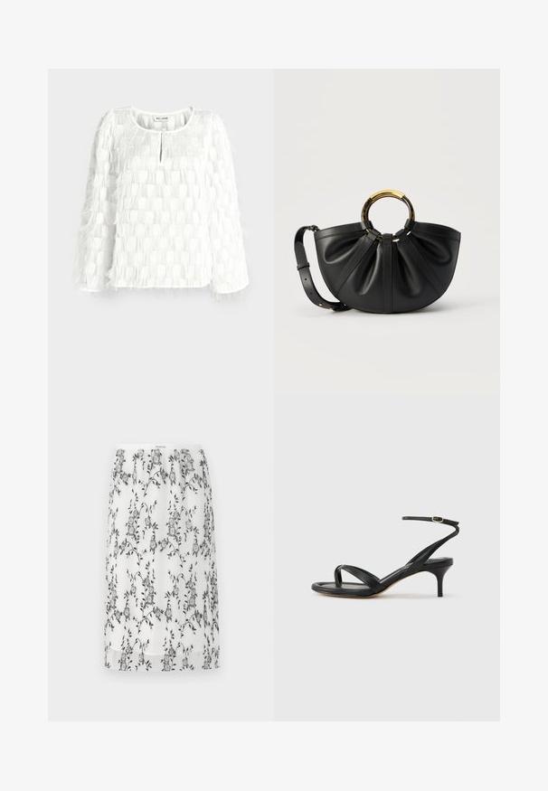 Blouse blanche à manches longues avec motifs carrés texturés et détails de franges en forme de plume, dotée d'un col rond et d'une ouverture en forme de goutte à l'avant.; Jupe plissée blanche avec broderie florale noire, dotée d'une taille confortable et d'une coupe longueur genou. Tissu léger et transparent.; Sandale pour femme en cuir noir avec fines lanières, une boucle d'orteil, une boucle à la cheville et un talon aiguille de hauteur moyenne sur un fond neutre.; Sac à main en cuir noir avec plis, poignée circulaire en or et écaille de tortue, et bandoulière réglable sur fond blanc.