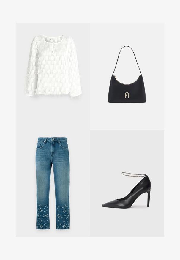 Witte blouse met lange mouwen met gestructureerde vierkante patronen en verenachtige franje-details, met een ronde hals en een sleutelgatopening aan de voorkant.; Blauwe denim jeans met een rechte snit, voorzien van bloemborduursels en versieringen aan de onderkant en een vijfzakkenmodel.; Zwarte leren hoge hak pump met een spitse neus, voorzien van een dunne zilveren ketting enkelband en een strakke, gladde textuur.; Zwarte schoudertas gemaakt van een soepele stof, met een gebogen vorm, gouden rits en een gouden geperst logoaccent aan de voorkant.
