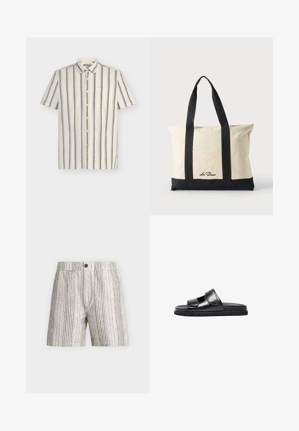 Chemise beige manches courtes à boutons avec des rayures grises verticales et une poche poitrine sur un fond uni.; Shorts pour hommes beige et gris à rayures verticales, fermeture à boutons et taille élastique, en tissu léger.; Sandal en cuir noir à enfiler avec une large bandoulière réglable, bout ouvert et semelle texturée. Design minimaliste avec une semelle intérieure plate et rembourrée.; Sac fourre-tout en toile avec longues anses noires, bordure noire en bas et poche avant avec logo "Les Deux" en écriture noire.