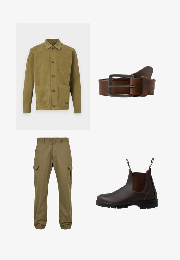 Veste en toile vert olive avec col, dotée de deux poches avant et d'une fermeture à boutons. Tissu texturé avec des détails de couture visibles.; Pantalons cargo verts avec une coupe droite, en coton, dotés de poches latérales et d'une fermeture à bouton pour plus de fonctionnalité. Texture lisse, design décontracté.; Botte Chelsea en cuir marron avec panneau latéral élastique, coutures marron, languettes de tirage, et une semelle en caoutchouc durable avec un motif texturé.; Ceinture en cuir marron avec une boucle en métal brossé, elle présente une texture lisse et un design classique. La sangle s'amincit vers l'extrémité.
