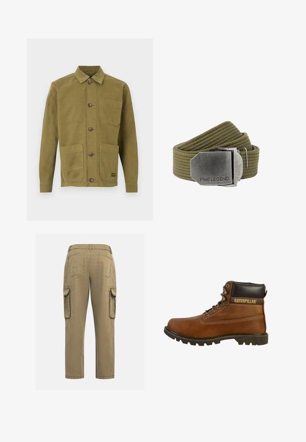 Veste en toile vert olive avec col, dotée de deux poches avant et d'une fermeture à boutons. Tissu texturé avec des détails de couture visibles.; Pantalons cargo en coton kaki avec une coupe droite. Comprend deux poches latérales, deux poches arrière et une taille cousue. Texture lisse.; Botte de travail en cuir marron avec une tige haute, semelle robuste, œillets métalliques et un col rembourré marron foncé. Présente la marque "Caterpillar".; Ceinture en tissu tissé vert olive avec une grande boucle rectangulaire en métal brossé gravée de "PME LEGEND".