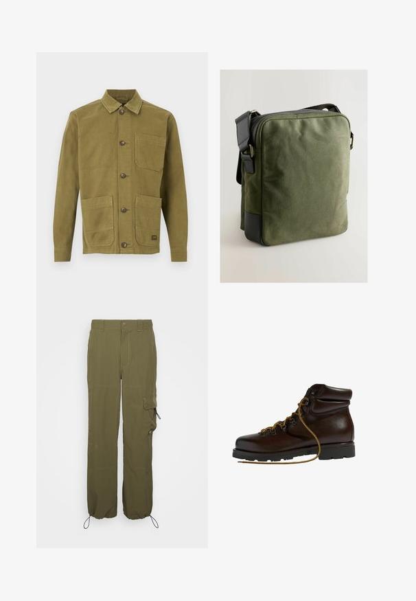 Olivgrüne Canvas-Jacke mit Kragen, zwei Fronttaschen und Knopfverschluss. Strukturierter Stoff mit sichtbaren Nahtdetails.; Olivgrüne Cargo-Hosen aus leichtem Material. Zu den Merkmalen gehören ein Knopfverschluss, Seitentaschen und verstellbare Bündchen mit Kordelzügen.; Brauner Leder-Wanderschuh mit abgerundetem Zeh, strukturierten Oberflächen, gelben Schnürsenkeln und Metallösen. Enthält eine robuste schwarze Gummisohle.; Olivgrüne Canvas-Crossbody-Tasche mit einem Reißverschluss, schwarzen Lederelementen, rechteckiger Form und verstellbarem Trageriemen. Glatte Textur.
