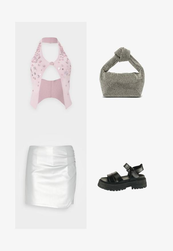Ružový rebrovaný crop top s halter krkom, vyrezávaným dizajnom a ozdobený rôznymi veľkosťami lesklých gombíkov na jednej strane.; Even&Odd Šortky - silver; Čierna sandále s hrubou podrážkou, dvoma širokými prednými remienkami, remienok na členok a striebornou prackou na bielom pozadí.; Strieborná kabelka s dekoratívnym uzlom na vrchu, obdĺžnikového tvaru, pokrytá malými, okrúhlymi kamienkami, hladká textura.
